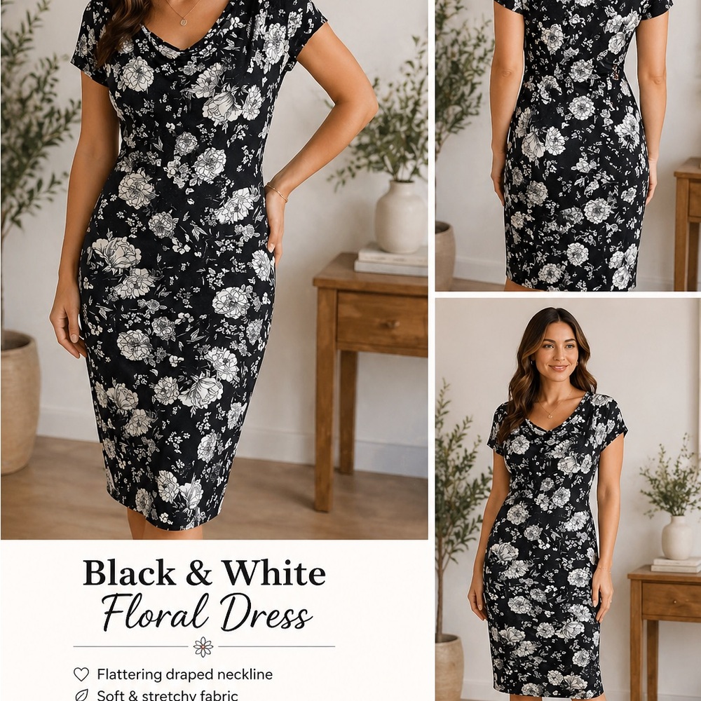 Black White Floral Dress Draped Neck Stretch Dress Size M (new with tags)